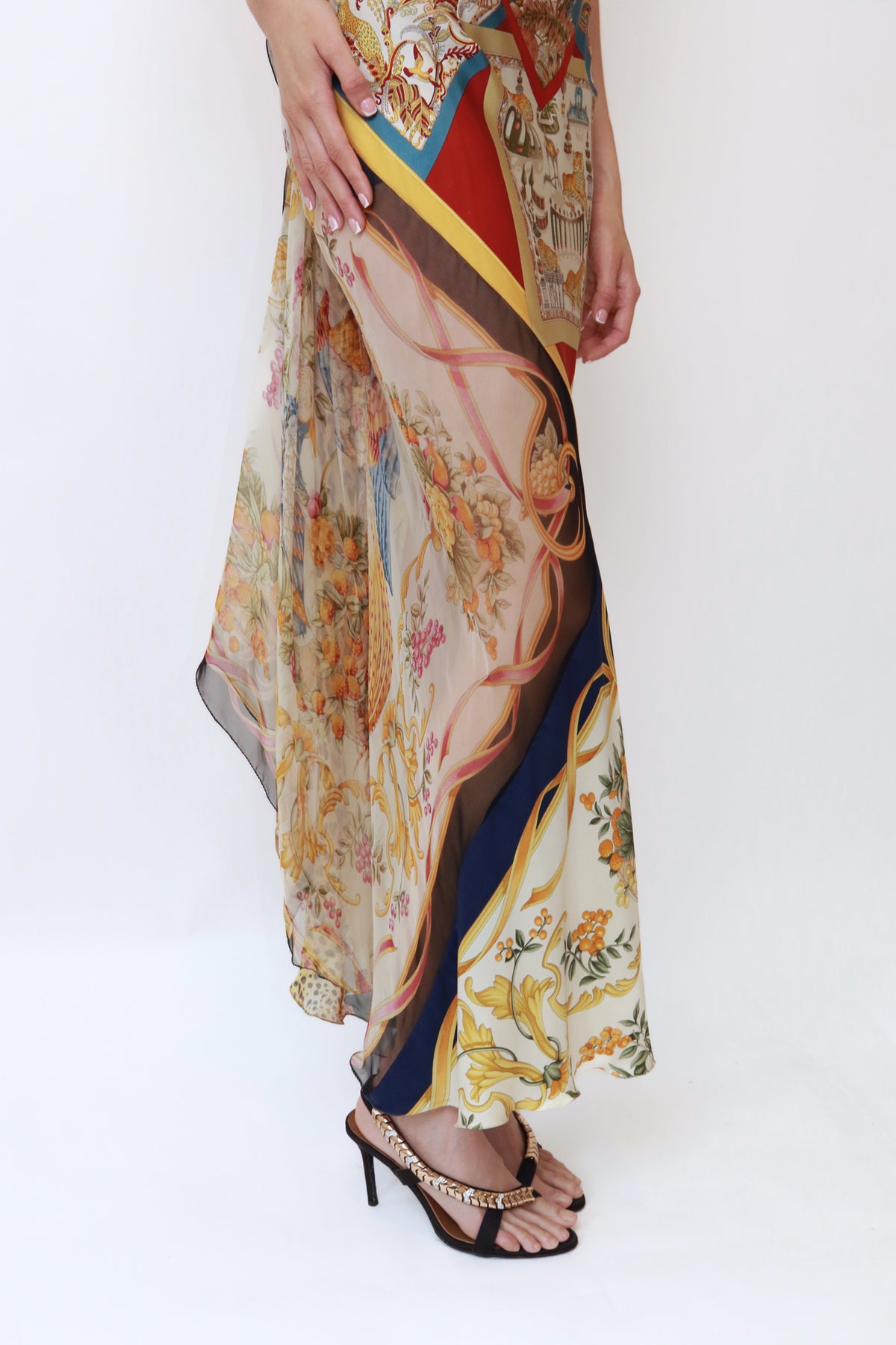Vintage Runway Scarf-Print Silk Halter Gown