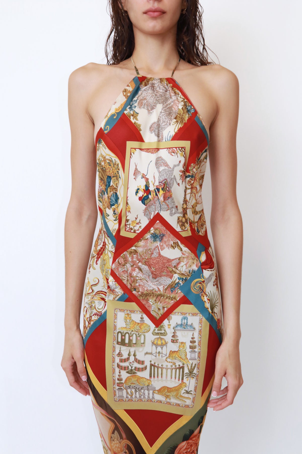 Vintage Runway Scarf-Print Silk Halter Gown