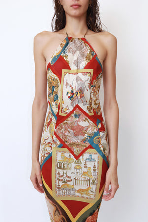 Vintage Runway Scarf-Print Silk Halter Gown