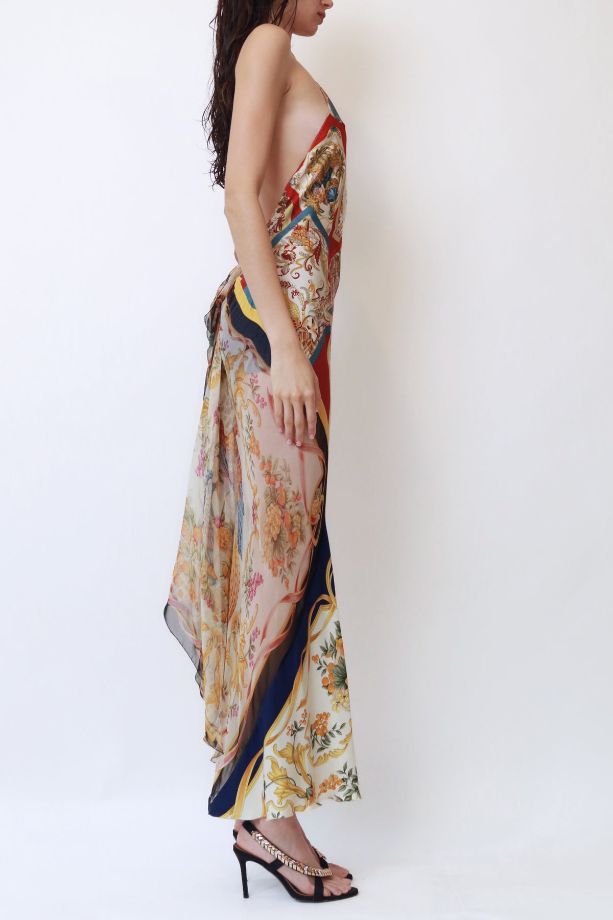 Vintage Runway Scarf-Print Silk Halter Gown