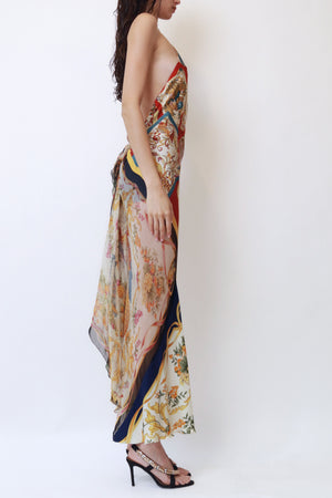Vintage Runway Scarf-Print Silk Halter Gown