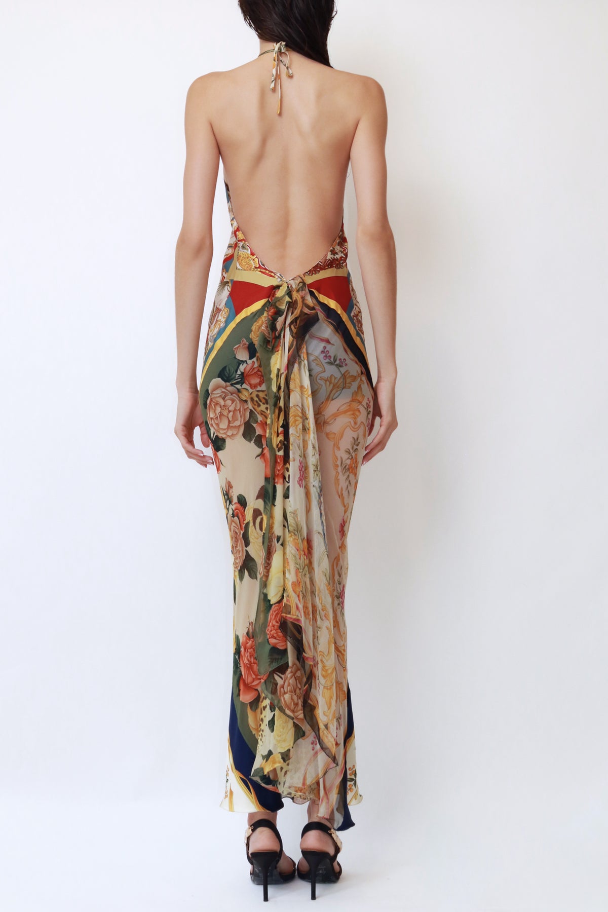 Vintage Runway Scarf-Print Silk Halter Gown