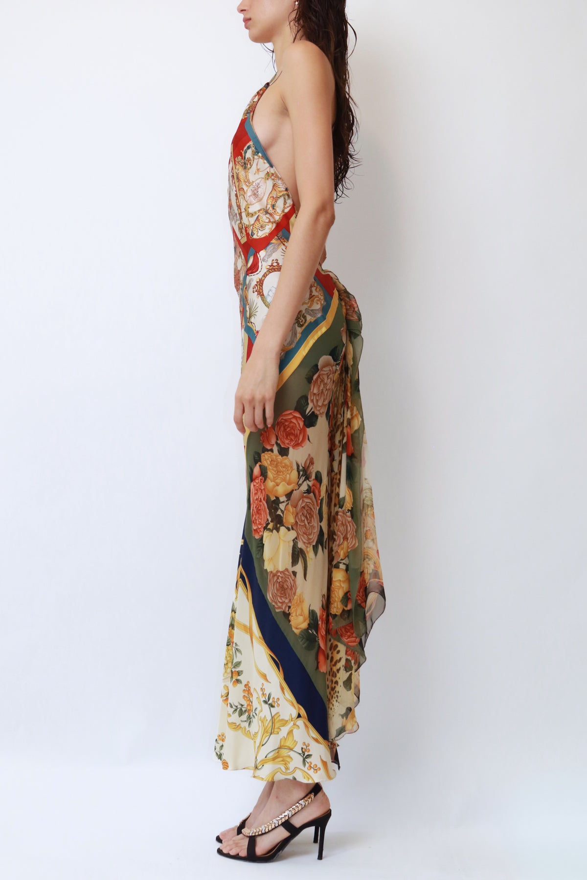 Vintage Runway Scarf-Print Silk Halter Gown