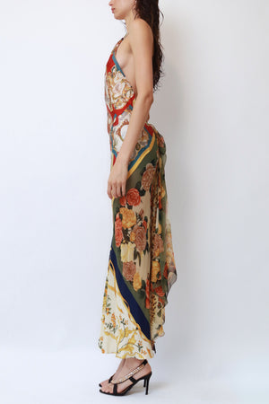 Vintage Runway Scarf-Print Silk Halter Gown