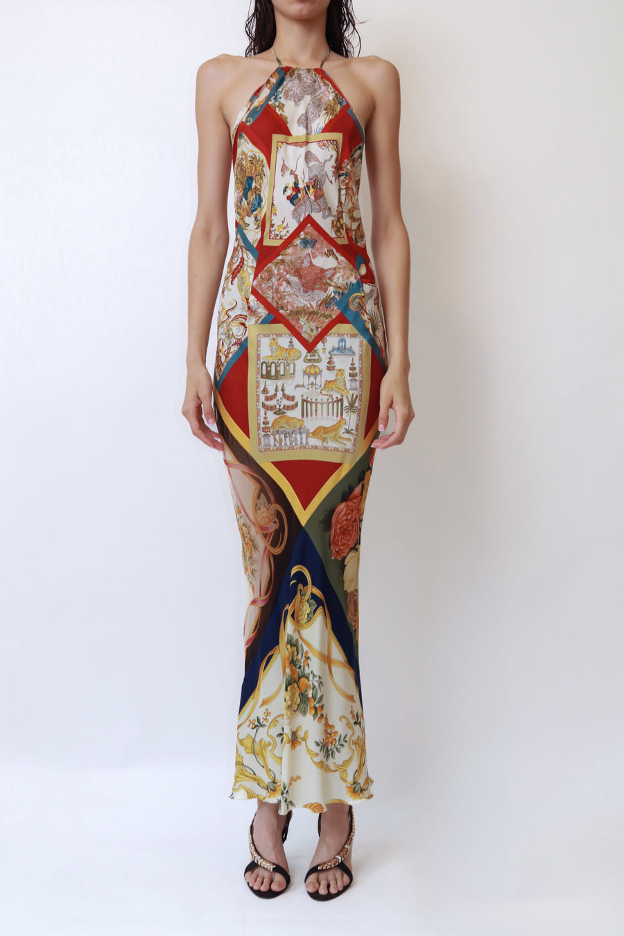 Vintage Runway Scarf-Print Silk Halter Gown