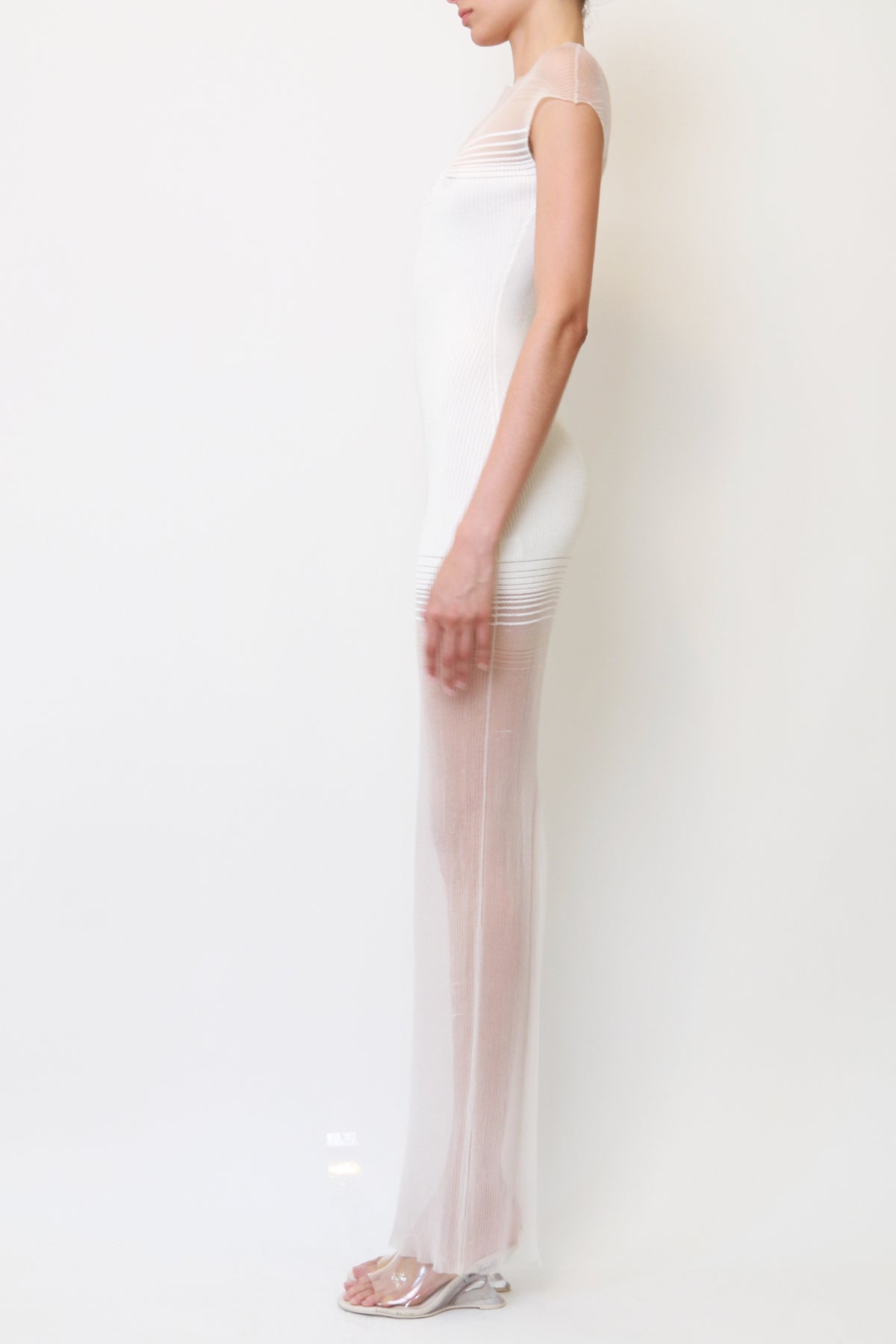 White Sheer-Panel Ribbed Knit Maxi Dress