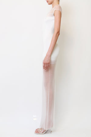 White Sheer-Panel Ribbed Knit Maxi Dress