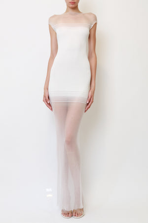 White Sheer-Panel Ribbed Knit Maxi Dress