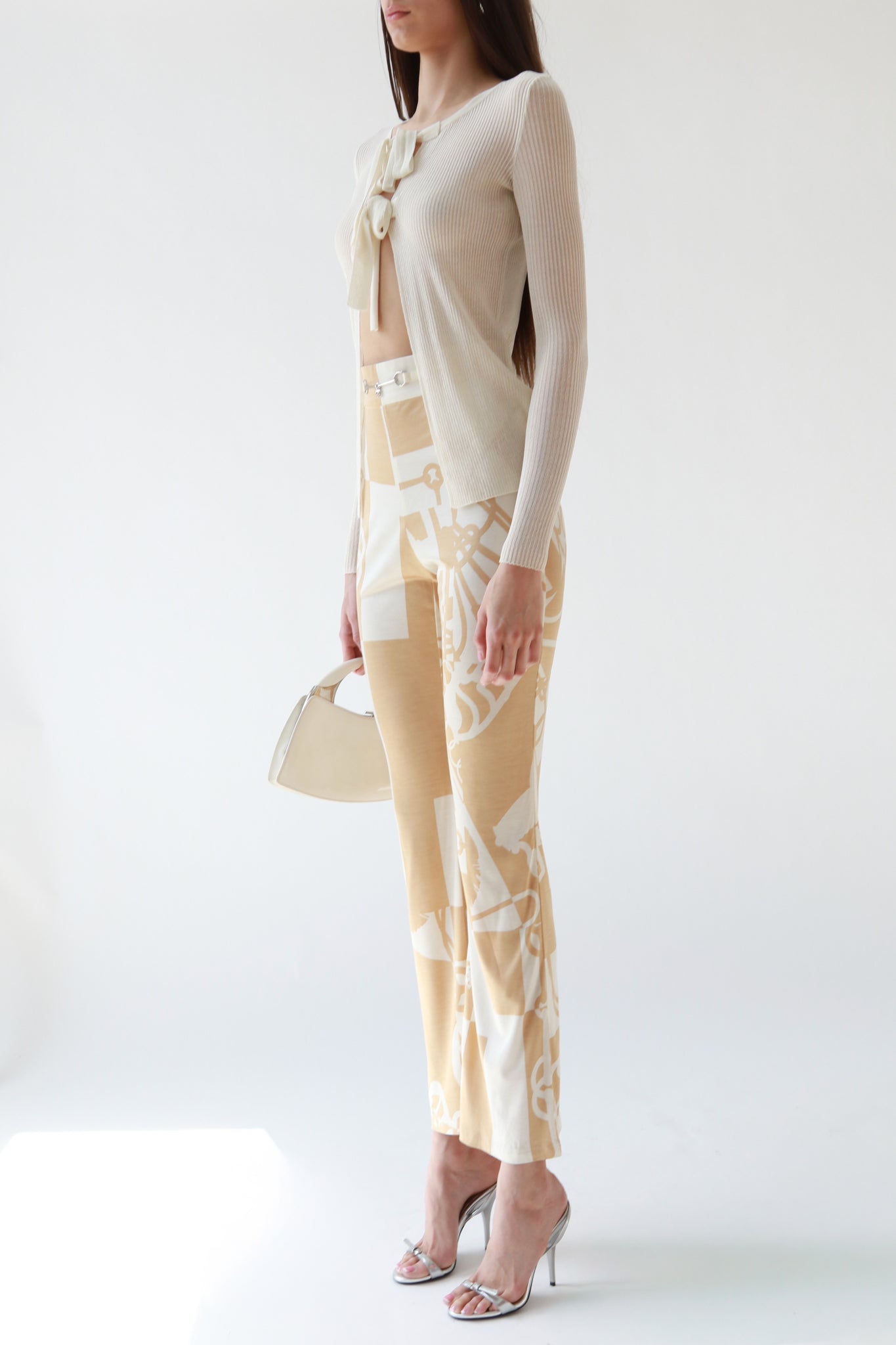 Cream Bit and Bridle Print Silk Flare Pants