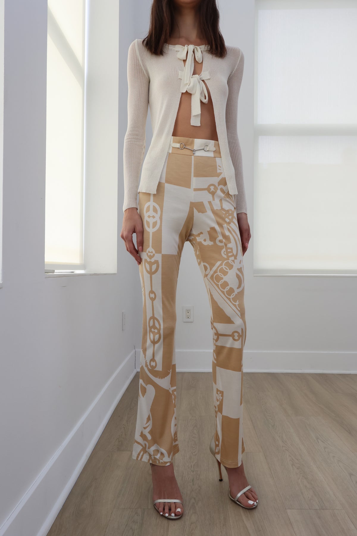 Cream Bit and Bridle Print Silk Flare Pants