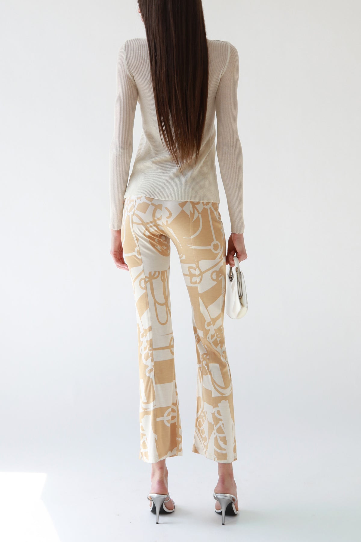 Cream Bit and Bridle Print Silk Flare Pants