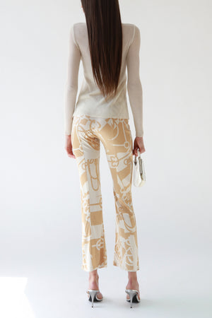 Cream Bit and Bridle Print Silk Flare Pants
