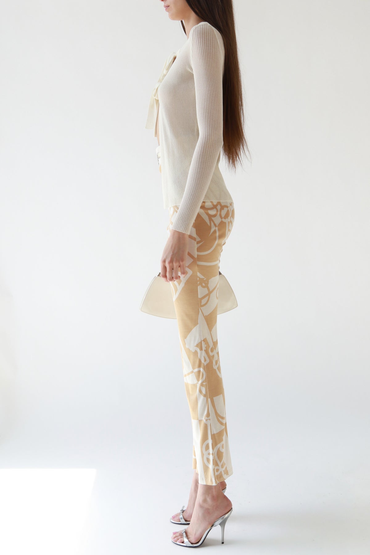 Cream Bit and Bridle Print Silk Flare Pants