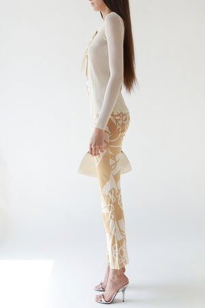Cream Bit and Bridle Print Silk Flare Pants