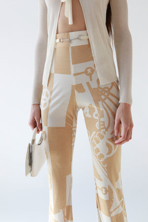 Cream Bit and Bridle Print Silk Flare Pants
