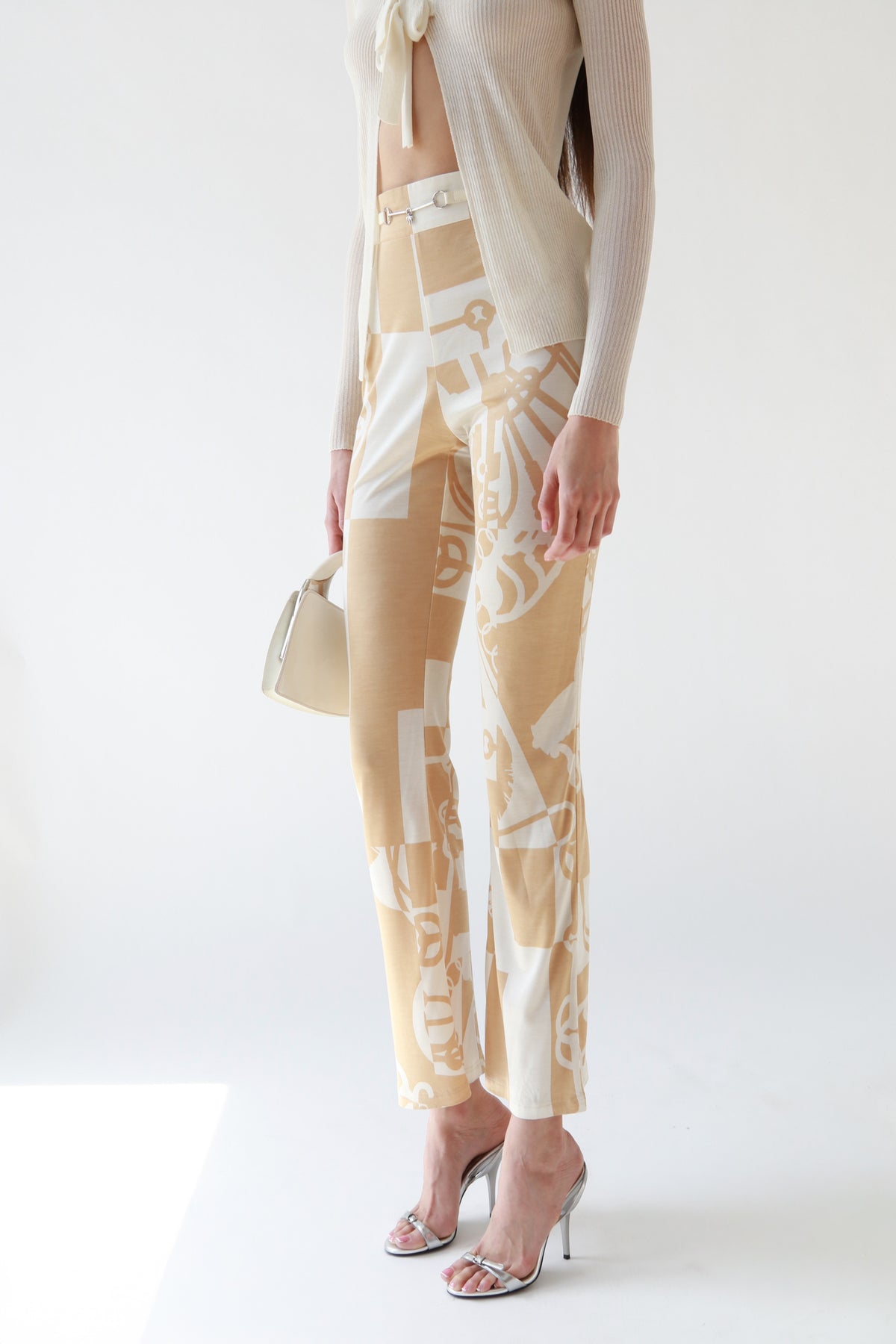 Cream Bit and Bridle Print Silk Flare Pants