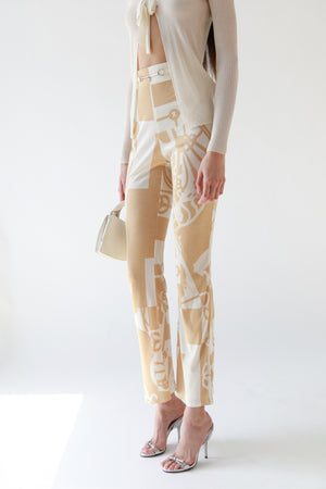 Cream Bit and Bridle Print Silk Flare Pants