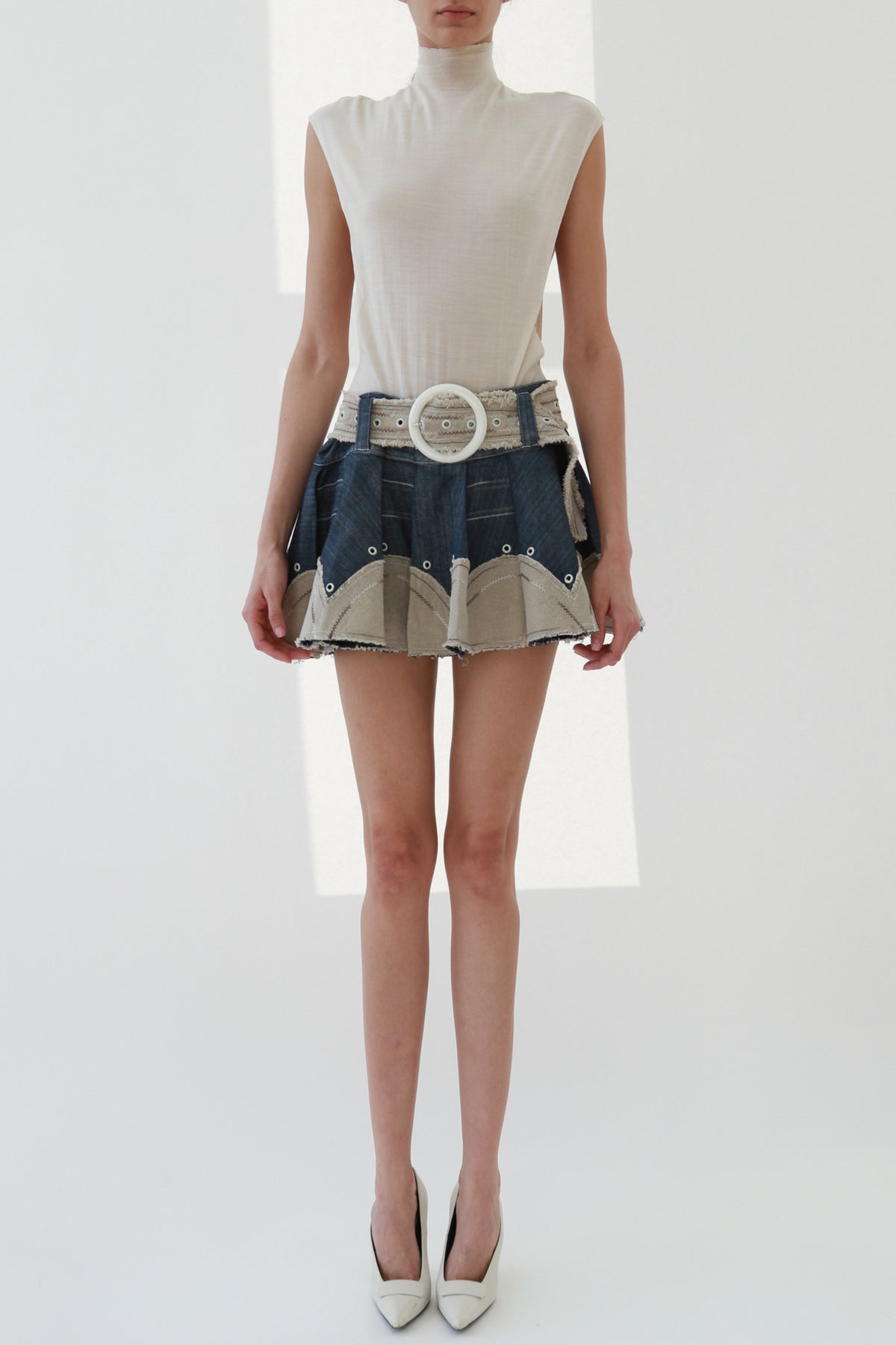 Belted Denim Pleated Mini Skirt with Contrast Trim