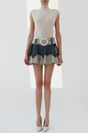 Belted Denim Pleated Mini Skirt with Contrast Trim