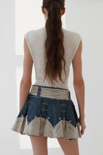 Belted Denim Pleated Mini Skirt with Contrast Trim