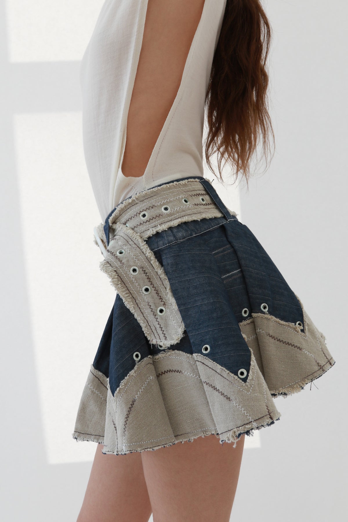 Belted Denim Pleated Mini Skirt with Contrast Trim