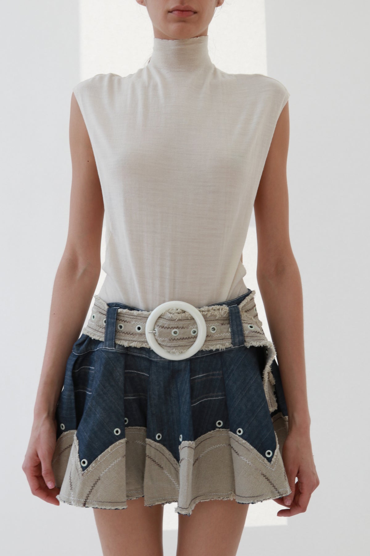 Belted Denim Pleated Mini Skirt with Contrast Trim