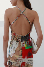 Vintage Newspaper Print Halter Midi Dress