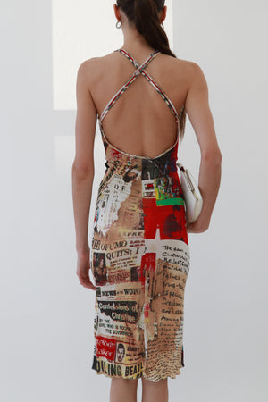 Vintage Newspaper Print Halter Midi Dress