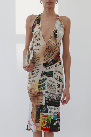 Vintage Newspaper Print Halter Midi Dress