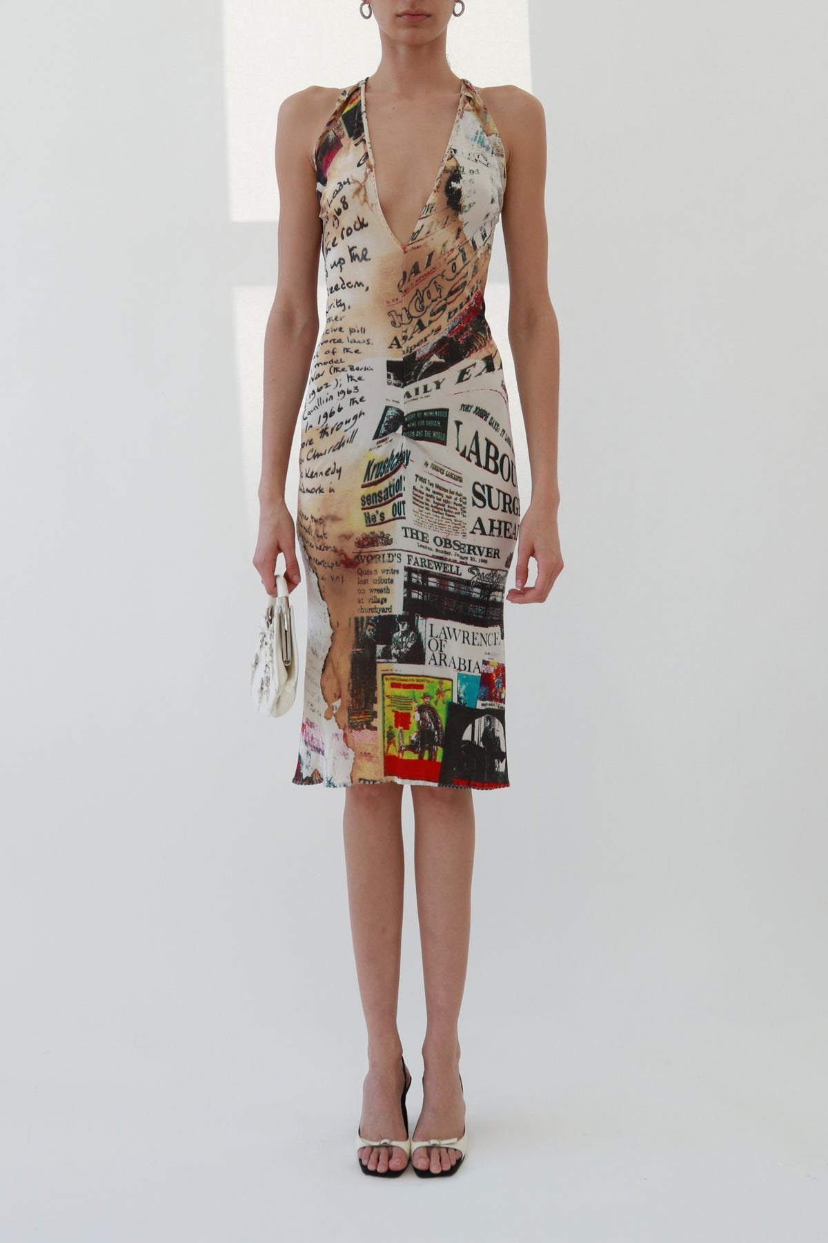 Vintage Newspaper Print Halter Midi Dress