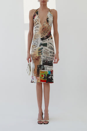 Vintage Newspaper Print Halter Midi Dress
