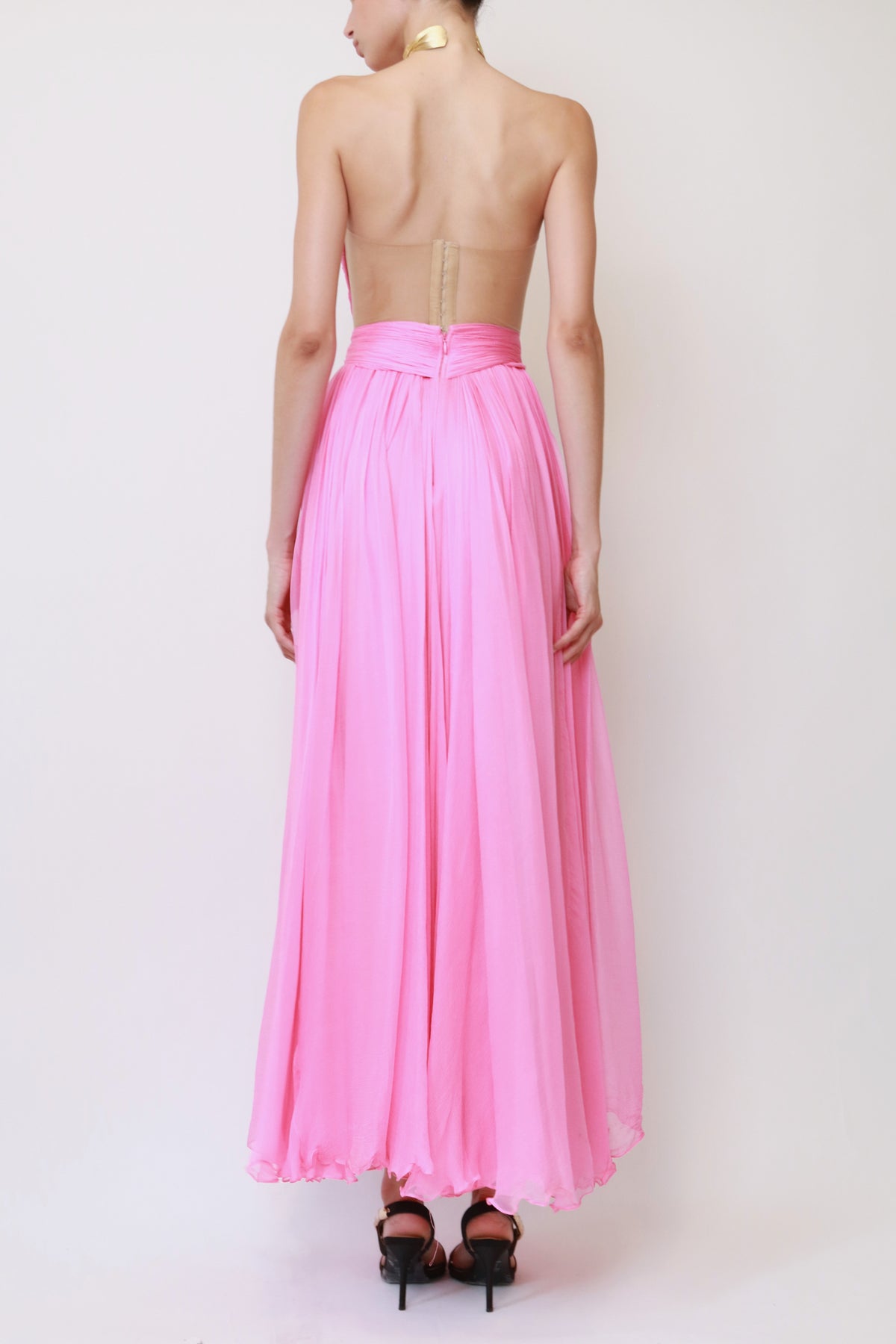 Pink Silk Chiffon Strapless Waist-Cutout Gown