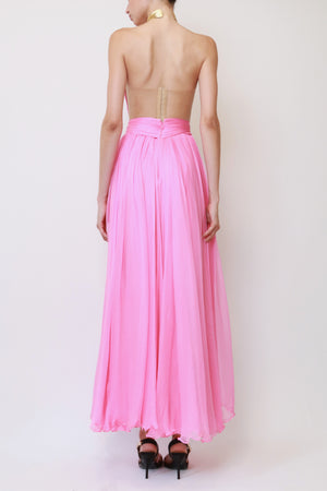 Pink Silk Chiffon Strapless Waist-Cutout Gown
