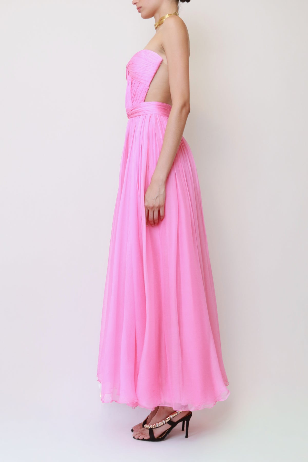 Pink Silk Chiffon Strapless Waist-Cutout Gown
