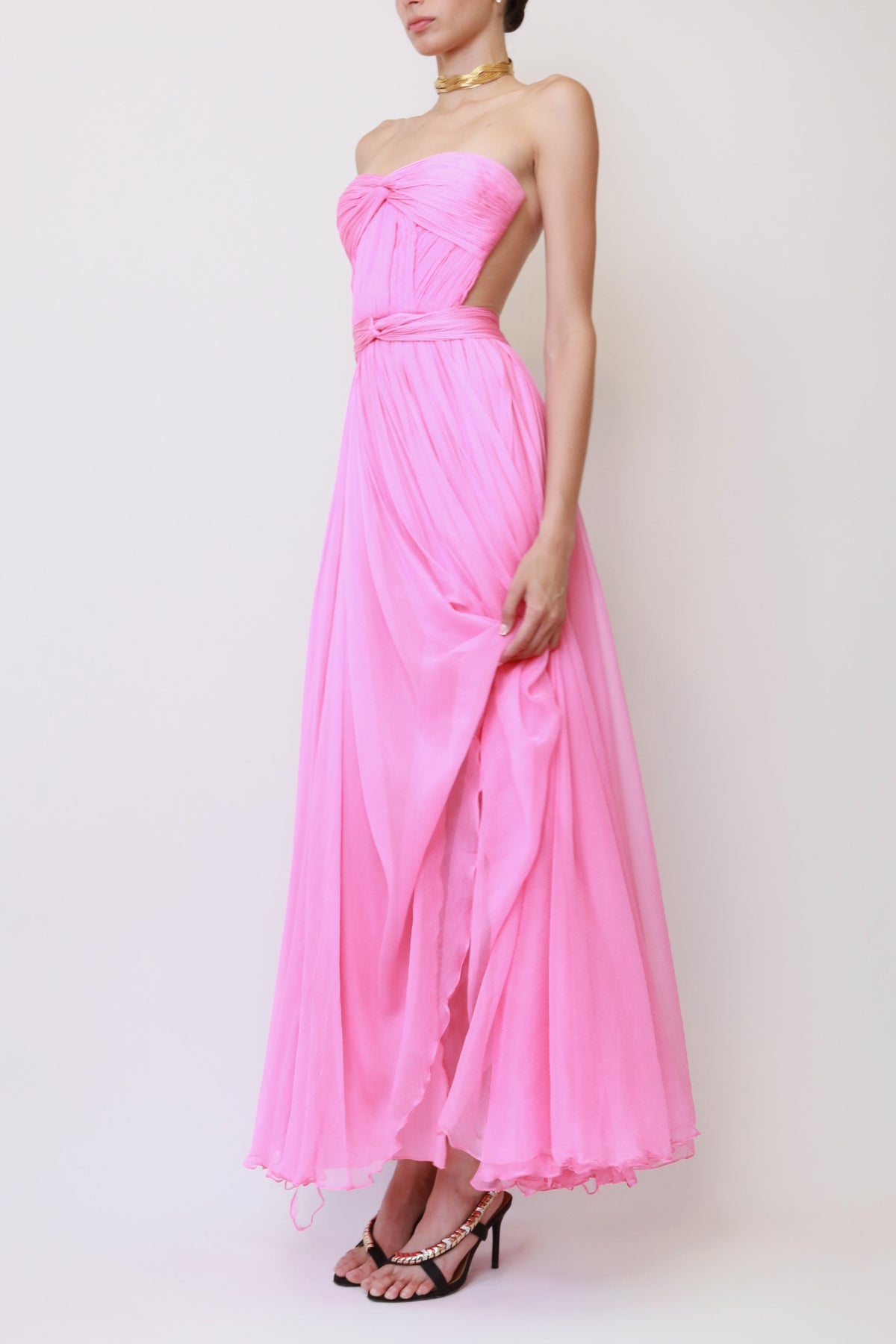 Pink Silk Chiffon Strapless Waist-Cutout Gown