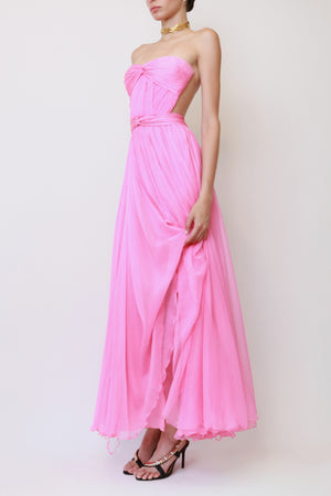 Pink Silk Chiffon Strapless Waist-Cutout Gown