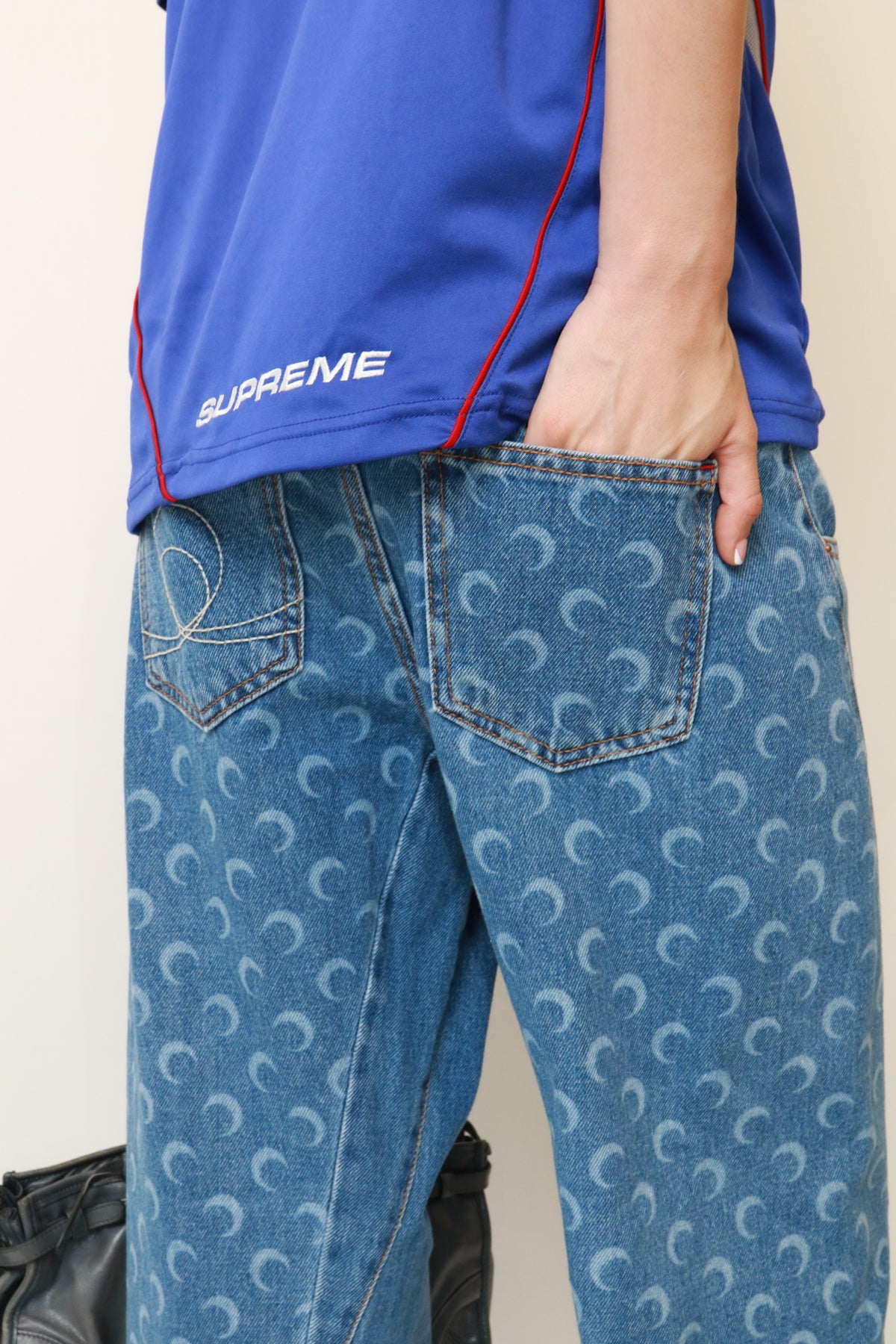 Two-Tone Crescent Moon Print Wide-Leg Jeans