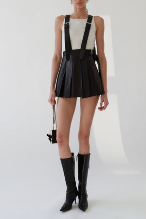 Miu Miu Black Leather Pleated Overall Mini Skirt