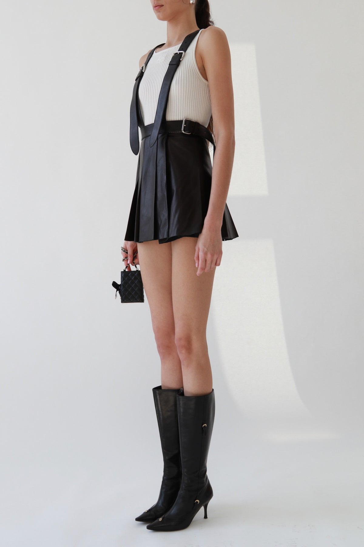 Miu Miu Black Leather Pleated Overall Mini Skirt