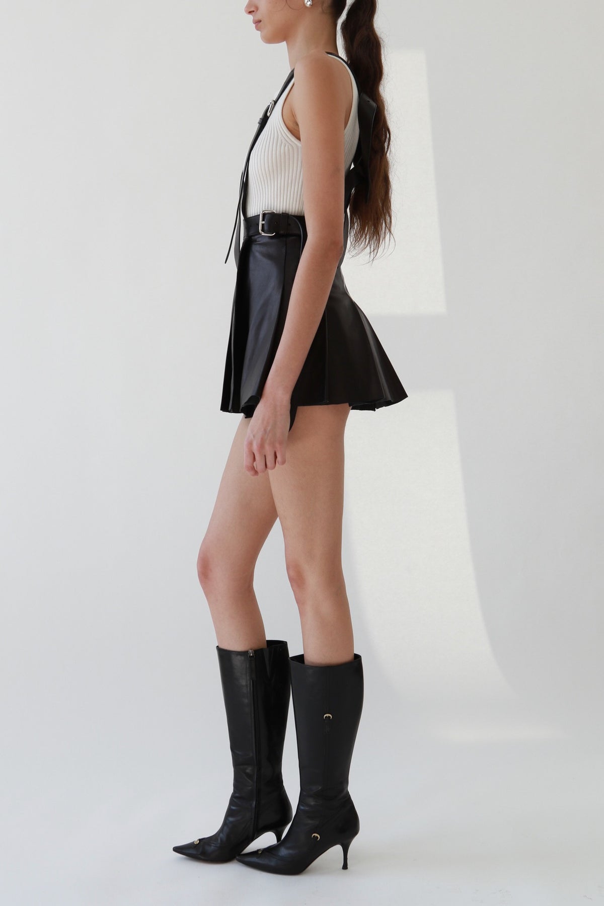 Miu Miu Black Leather Pleated Overall Mini Skirt