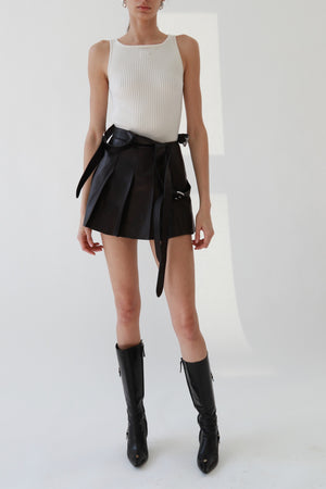 Miu Miu Black Leather Pleated Overall Mini Skirt