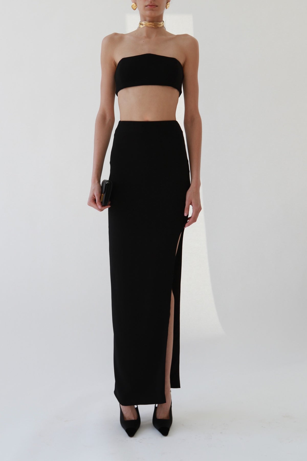 Crepe Bandeau Top & High-Slit Maxi Skirt Set