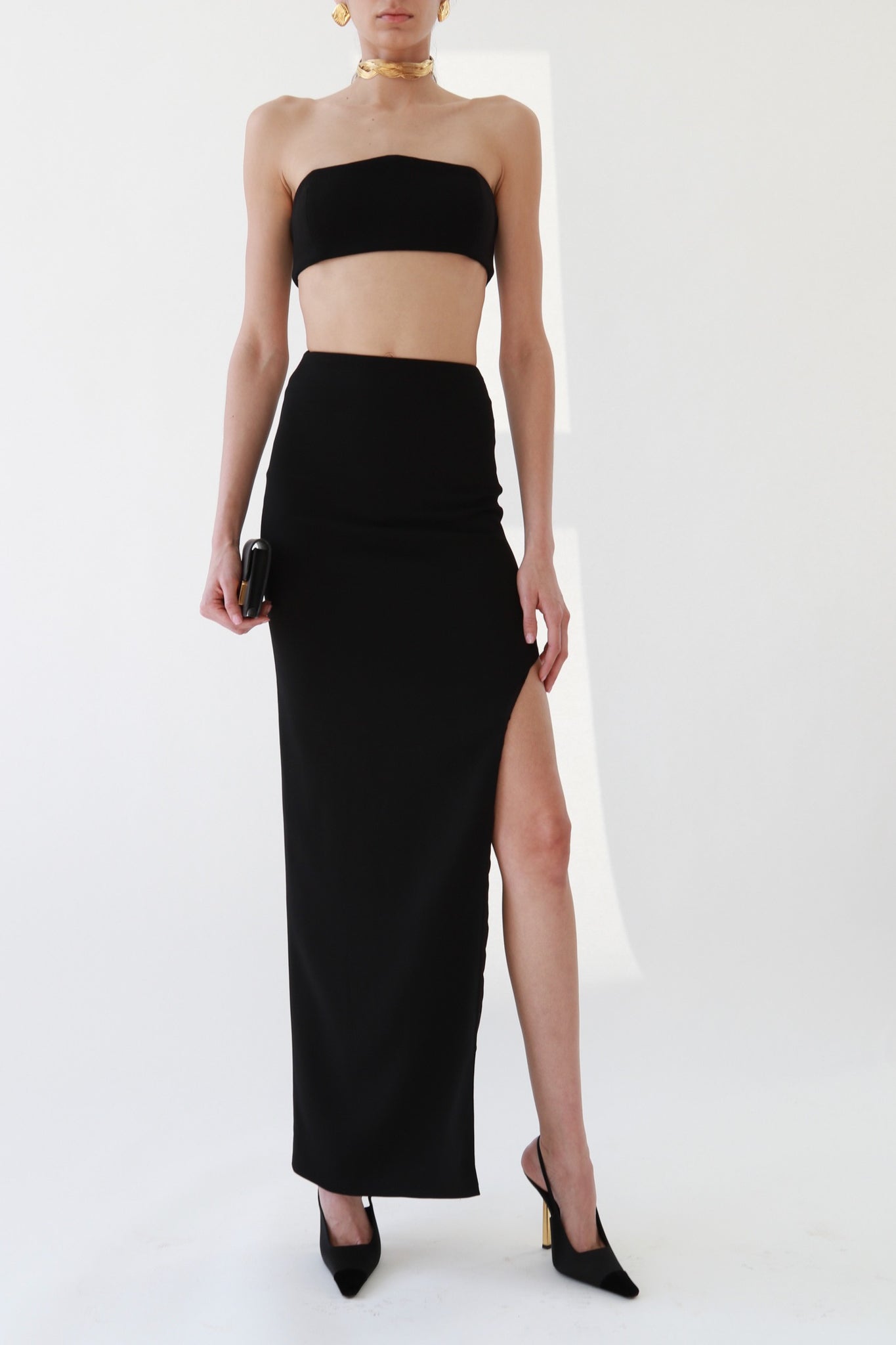 Crepe Bandeau Top & High-Slit Maxi Skirt Set