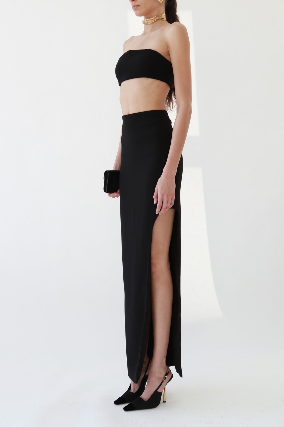 Crepe Bandeau Top & High-Slit Maxi Skirt Set
