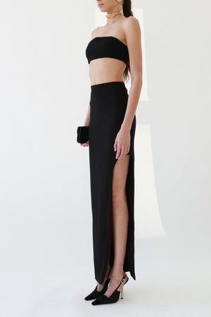 Crepe Bandeau Top & High-Slit Maxi Skirt Set