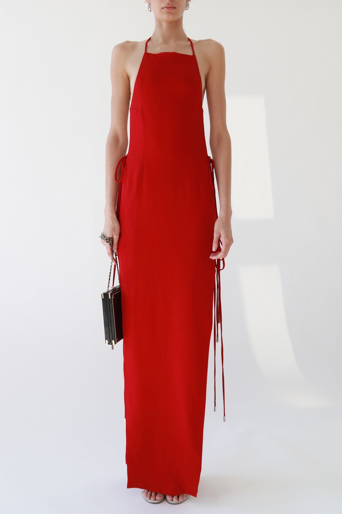 Red Halter Tie-Side Slit Maxi Dress