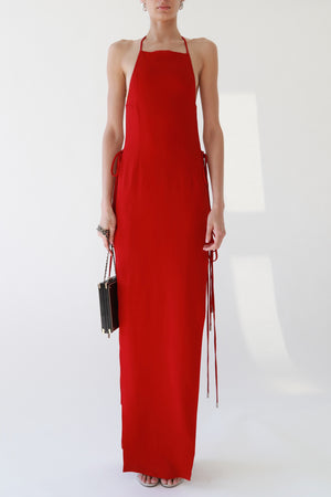 Red Halter Tie-Side Slit Maxi Dress