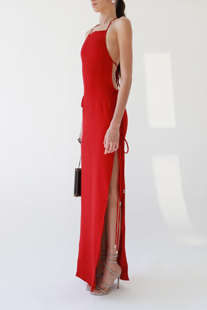 Red Halter Tie-Side Slit Maxi Dress
