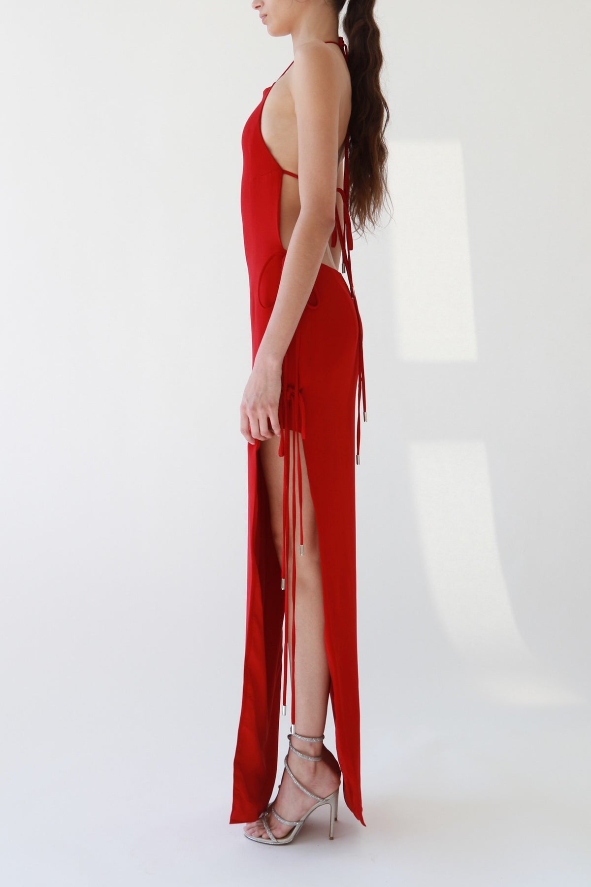 Red Halter Tie-Side Slit Maxi Dress