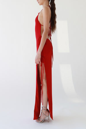 Red Halter Tie-Side Slit Maxi Dress